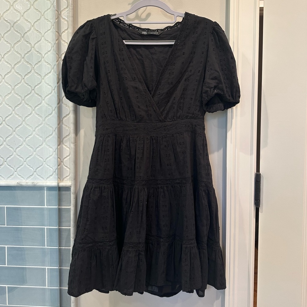 Zara Black Pleated Mini Dress with Puff Sleeves